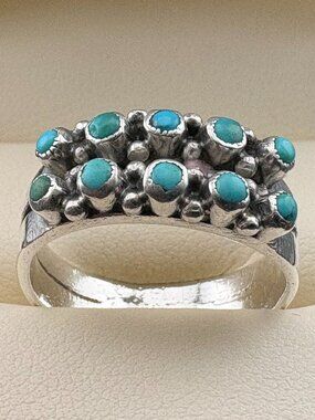 Vintage Sterling Silver Double Row Blue & Green Turquoise Snake Eyes Ring Size 8